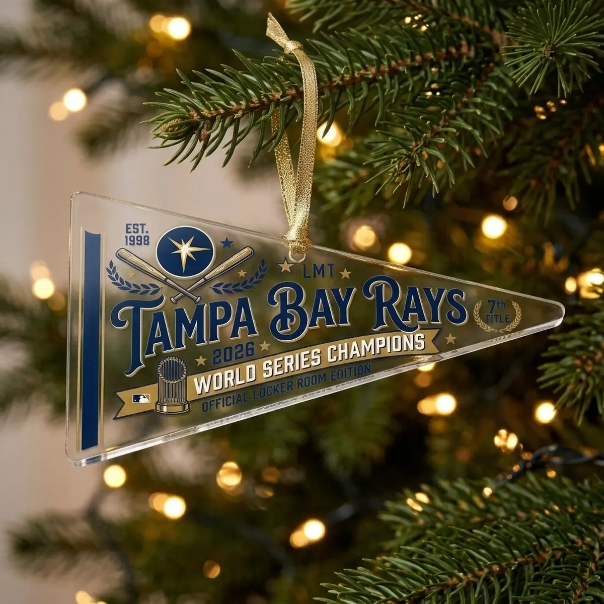 tampa bay rays 2026 world series locker room pennant acrylic ornament 2 Tampa Bay Rays 2026 World Series Champions Official Locker Room Pennant Acrylic Ornament - Lifestyle Model Mockup