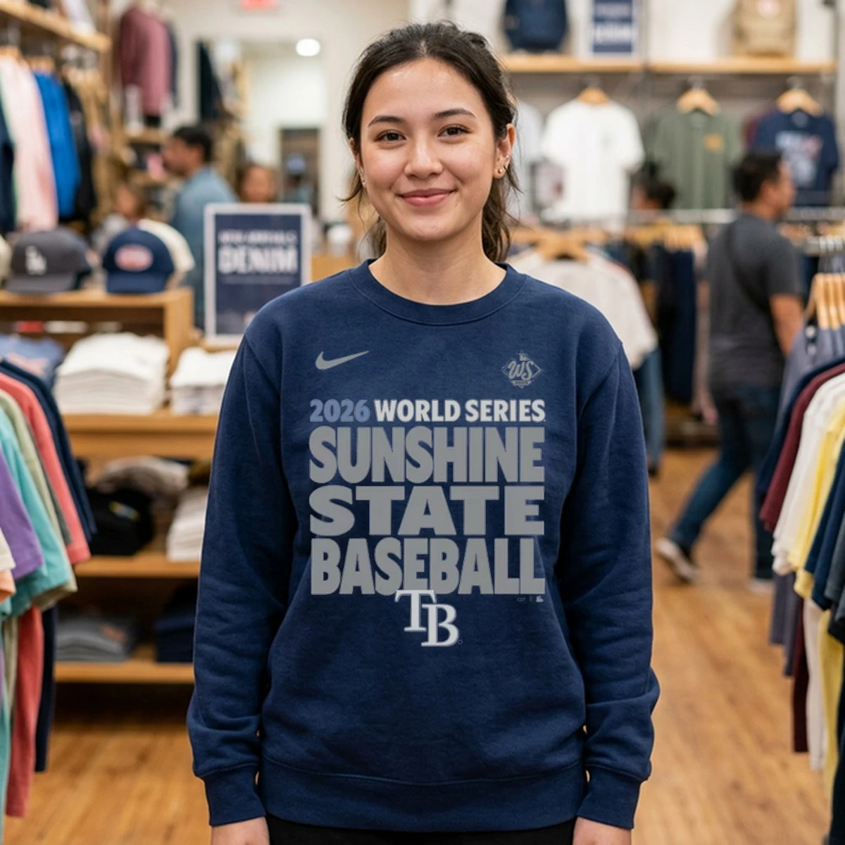 tampa bay rays 2026 world series sunshine state baseball t shirt ornament mock sweat navy Tampa Bay Rays 2026 World Series Sunshine State Baseball T-Shirt Ornament - Close-up Graphic Detail Mockup