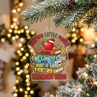 Teacher Life Shaping Little Minds One Candy Cane At A Time 2026 Custom Acrylic Ornament - Front View Main Mockup