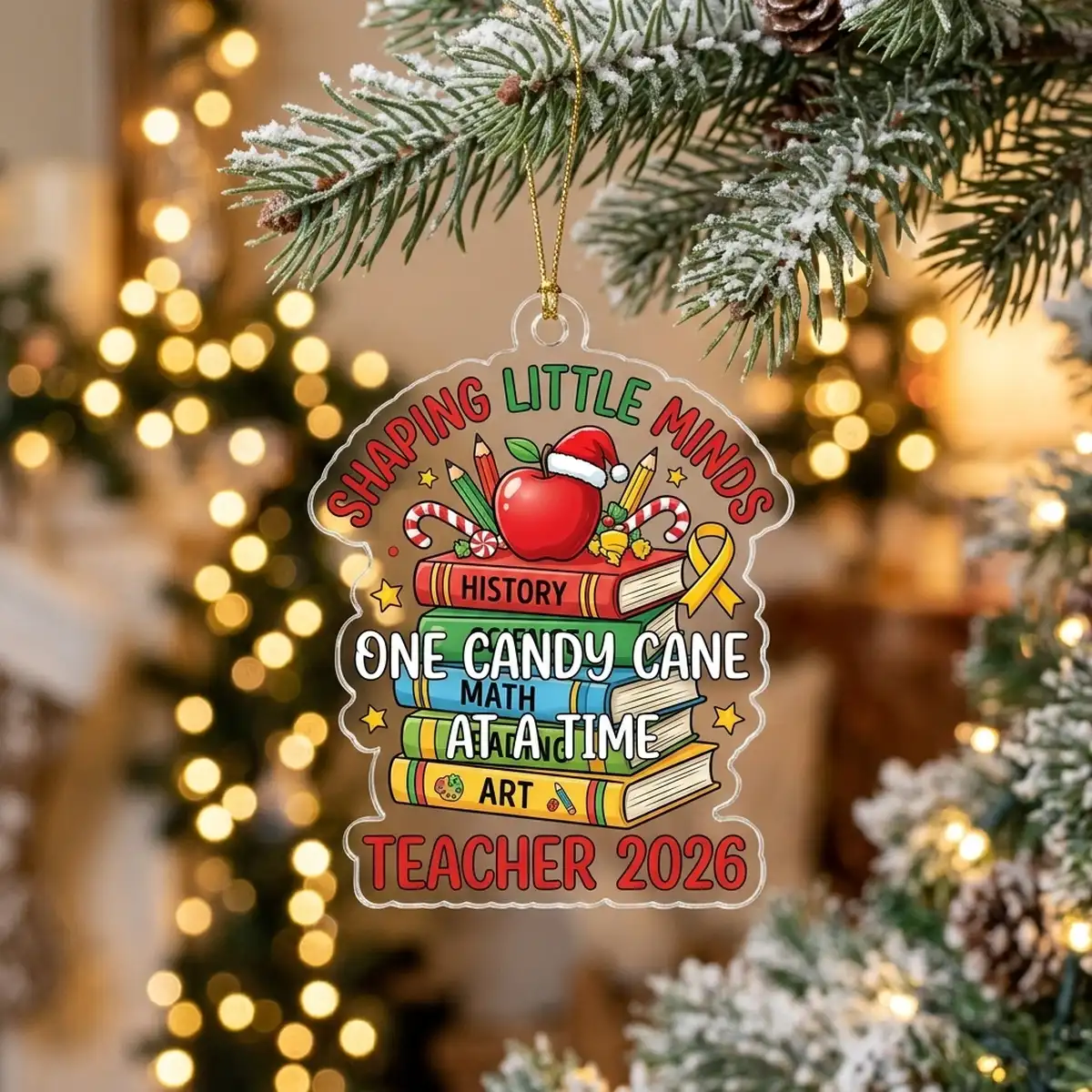 teacher life shaping little minds 2026 custom acrylic ornament hero Teacher Life Shaping Little Minds One Candy Cane At A Time 2026 Custom Acrylic Ornament - Front View Main Mockup