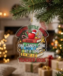 Teacher Life Shaping Little Minds One Candy Cane At A Time 2026 Custom Acrylic Ornament - Lifestyle Model Mockup