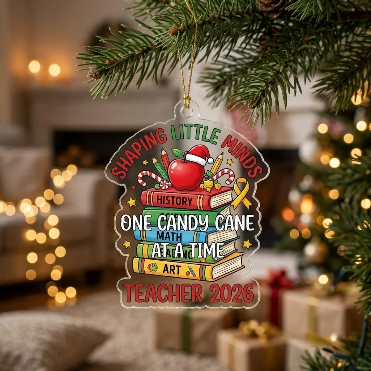 teacher life shaping little minds 2026 custom acrylic ornament lifestyle Teacher Life Shaping Little Minds One Candy Cane At A Time 2026 Custom Acrylic Ornament - Lifestyle Model Mockup