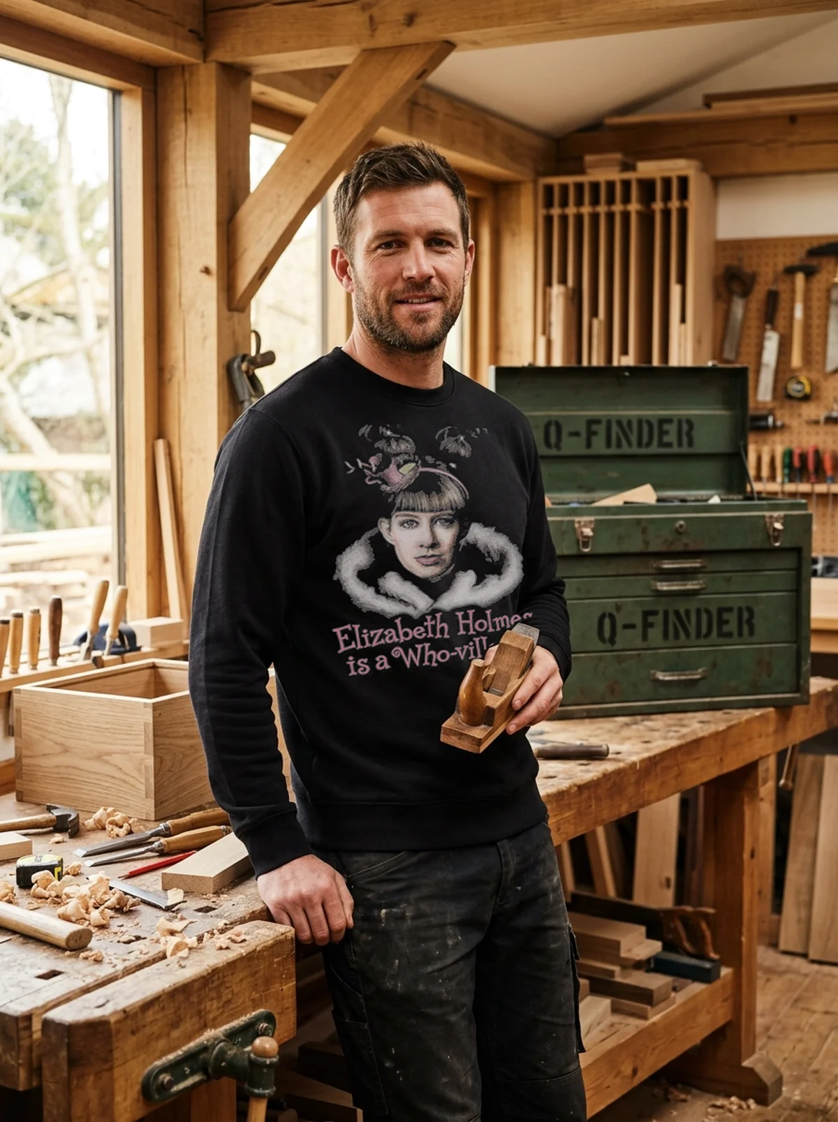tech ceo is a whoville 10 t black sweatshirt woodshop craftsman Tech CEO Is A Whoville 10 T-Shirt - Close-up Graphic Detail Mockup