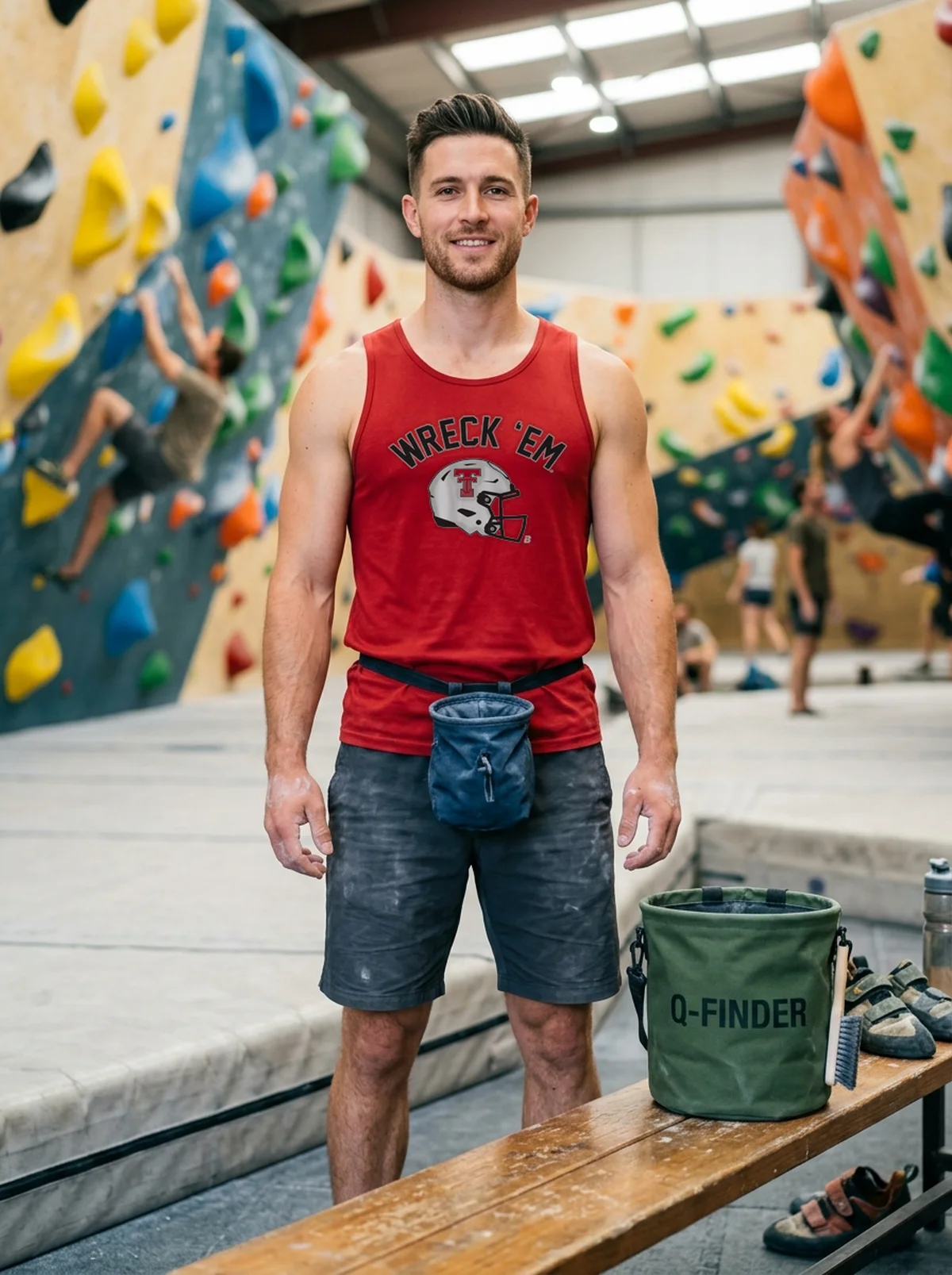 texas tech football wreck em red tanktop climbing gym Texas Tech Football Wreck Em T-Shirt - Close-up Graphic Detail Mockup