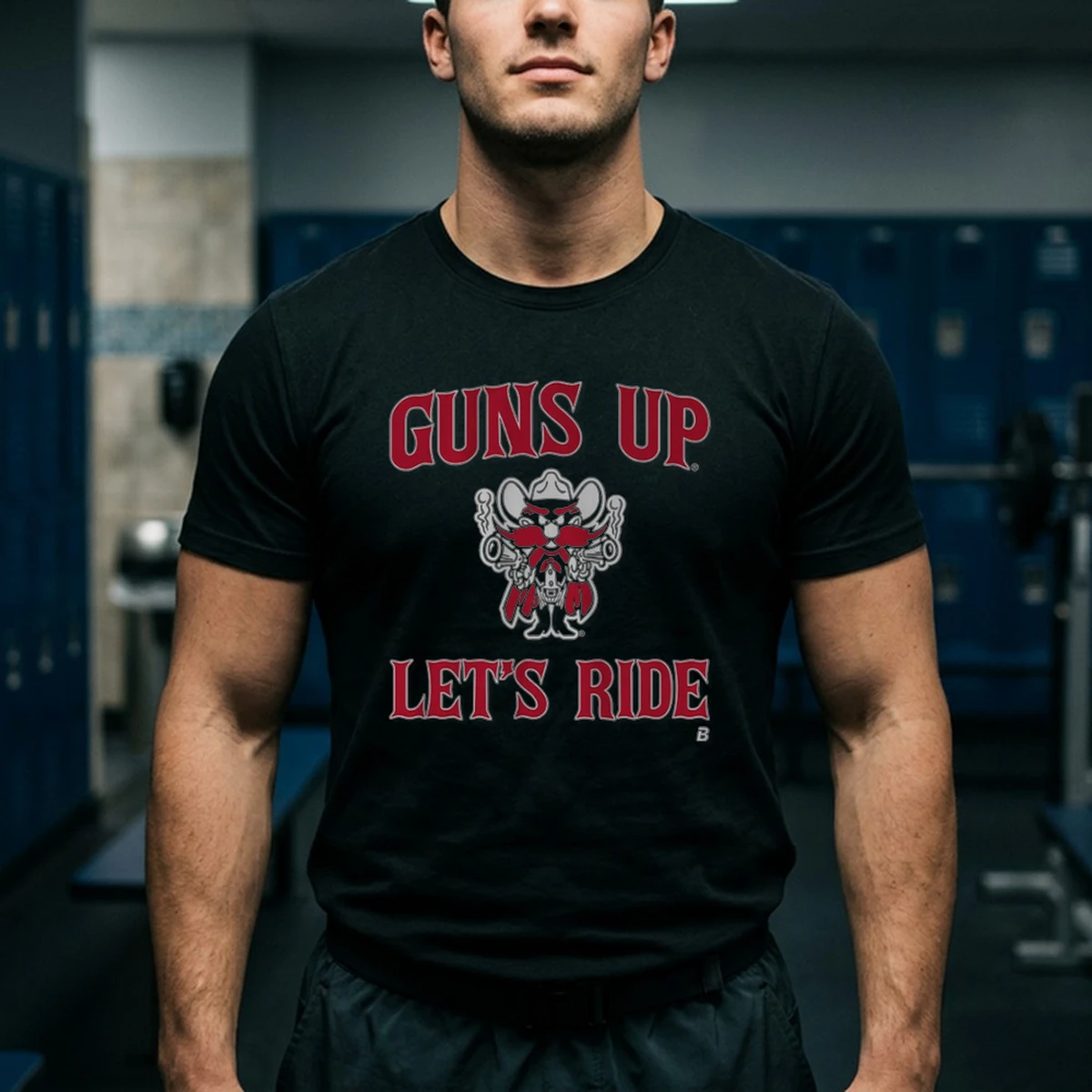 texas tech red raiders guns up let s ride tshirt black male3 Texas Tech Red Raiders Guns Up LetS Ride Shirt - Front View Main Mockup