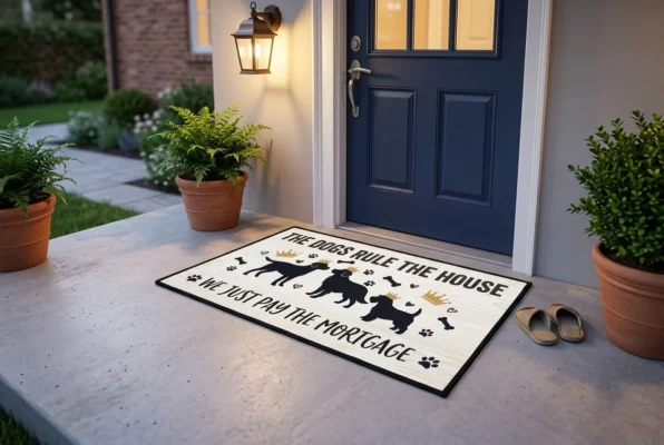 the dogs rule the house we just pay the mortgage funny pet doormat mockup 2