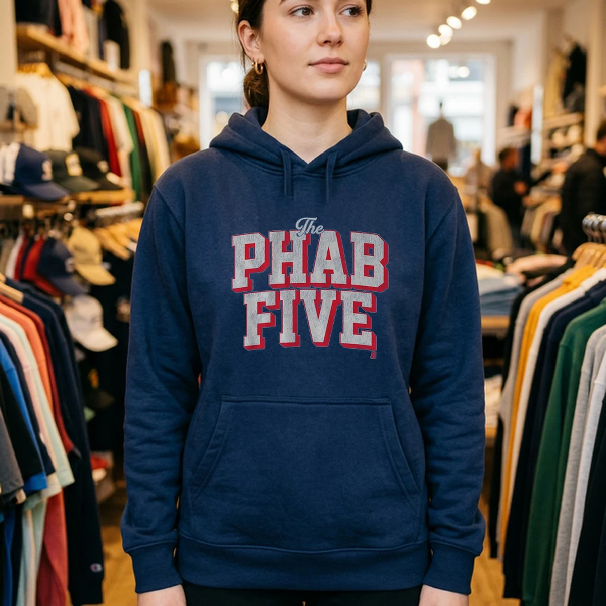 the phab five mock hoodie navy The Phab Five T-Shirt - Back or Alternative Angle Mockup