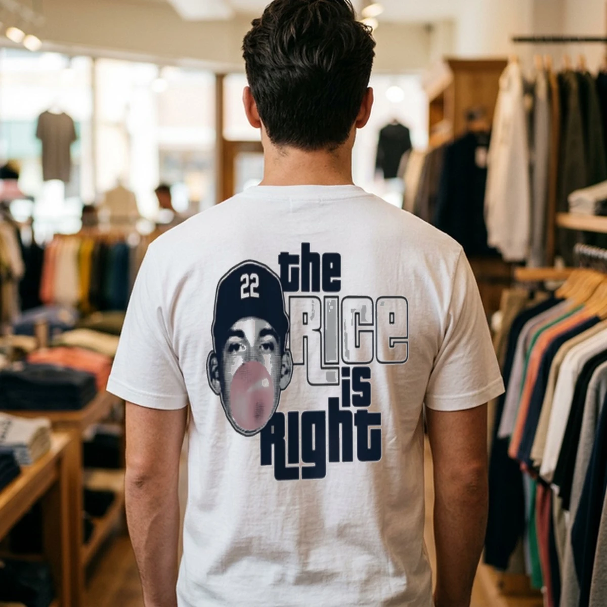 the rice is right ben rice dubble bubble new york yankees baseball tshirt white male back the rice is right ben rice dubble bubble new york yankees baseball tshirt white male back