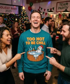 too hot to be chill melting snowman jacuzzi funny christmas sweater