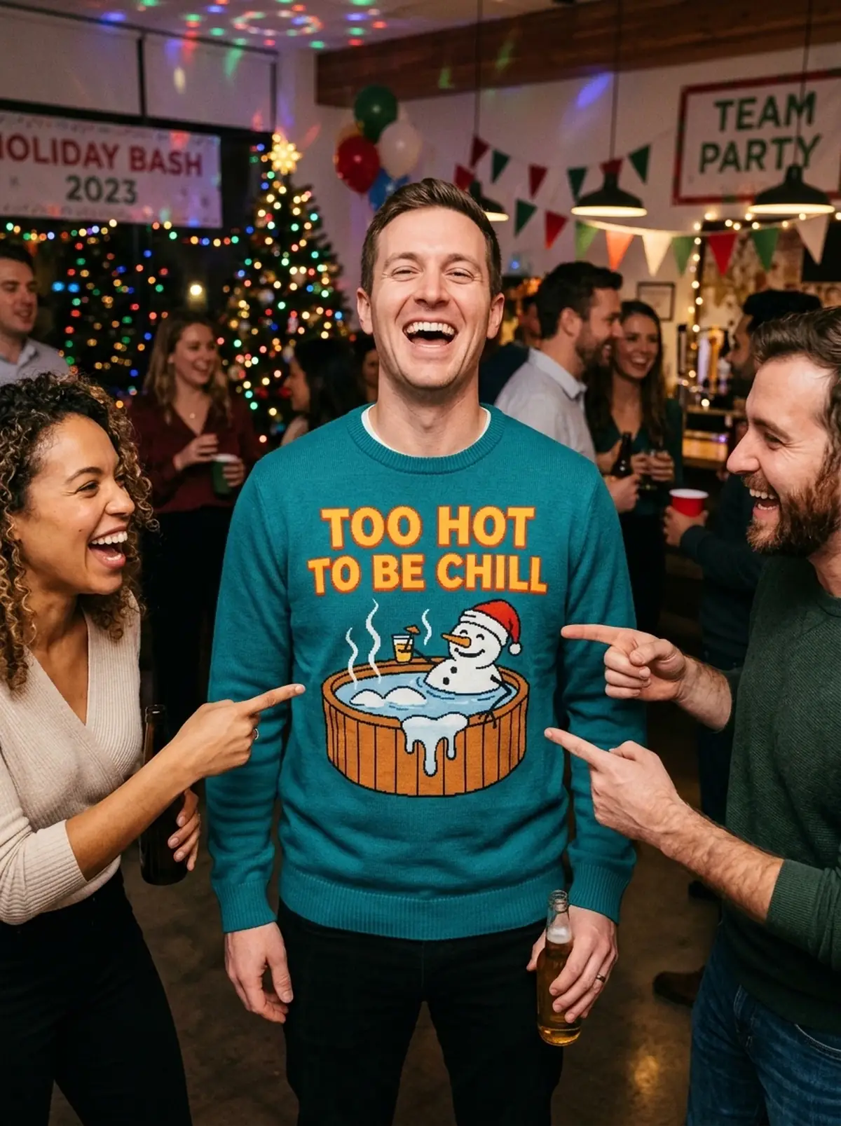 Too Hot To Be Chill Melting Snowman Jacuzzi Funny Christmas Sweater - Design Preview