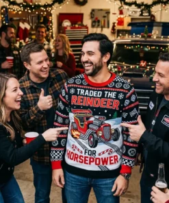 traded reindeer for horsepower hot rod santa biker christmas sweater