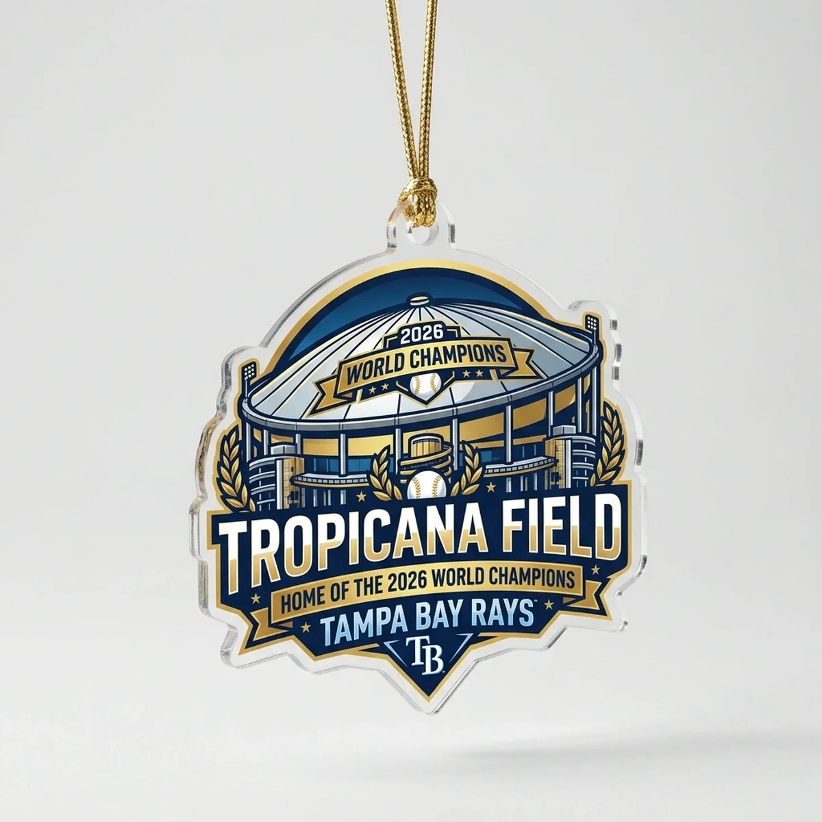 tropicana field dome golden catwalk 2026 world series acrylic ornament 1 Tropicana Field Dome Golden Catwalk 2026 World Series Champions Acrylic Ornament - Front View Main Mockup