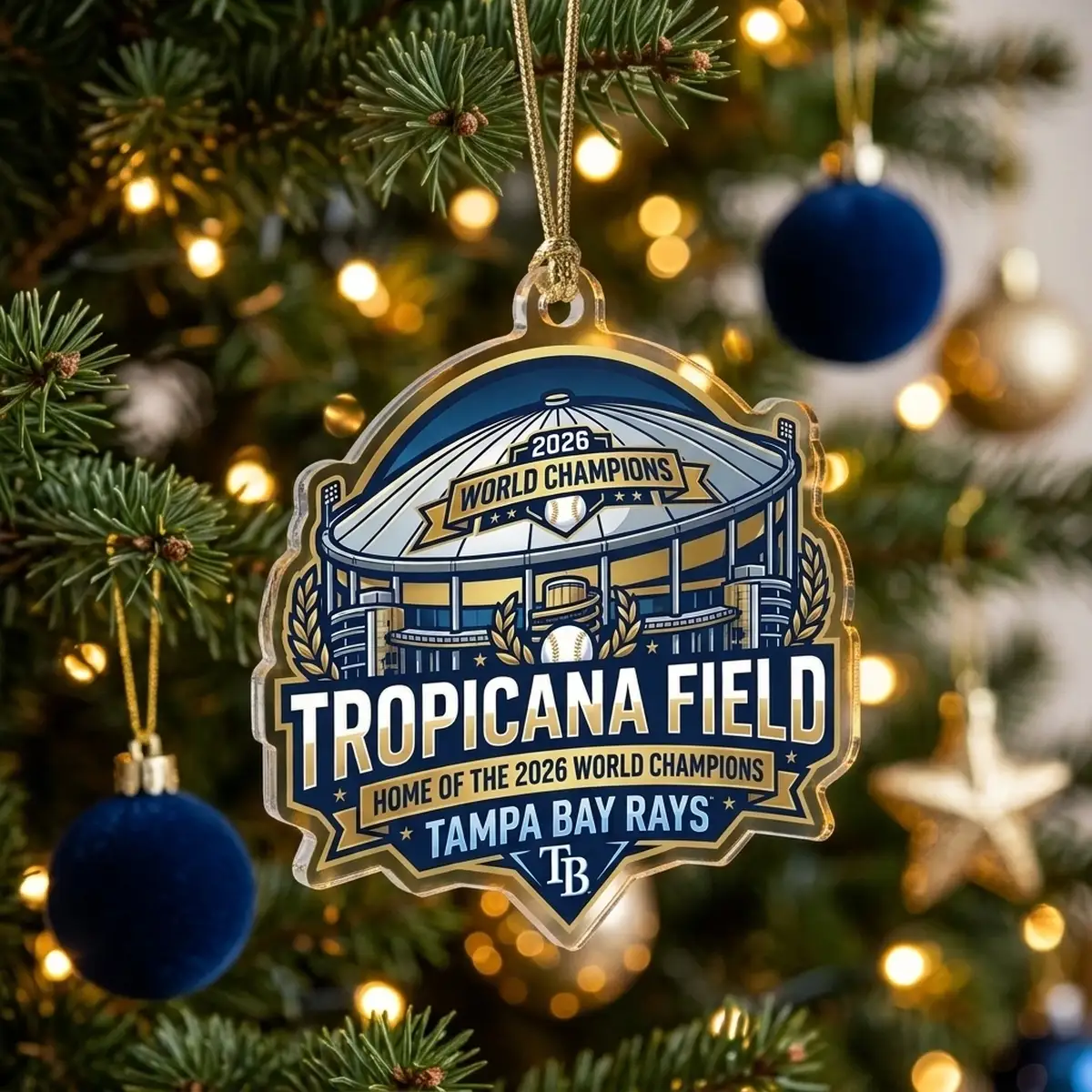 tropicana field dome golden catwalk 2026 world series acrylic ornament 2 Tropicana Field Dome Golden Catwalk 2026 World Series Champions Acrylic Ornament - Lifestyle Model Mockup