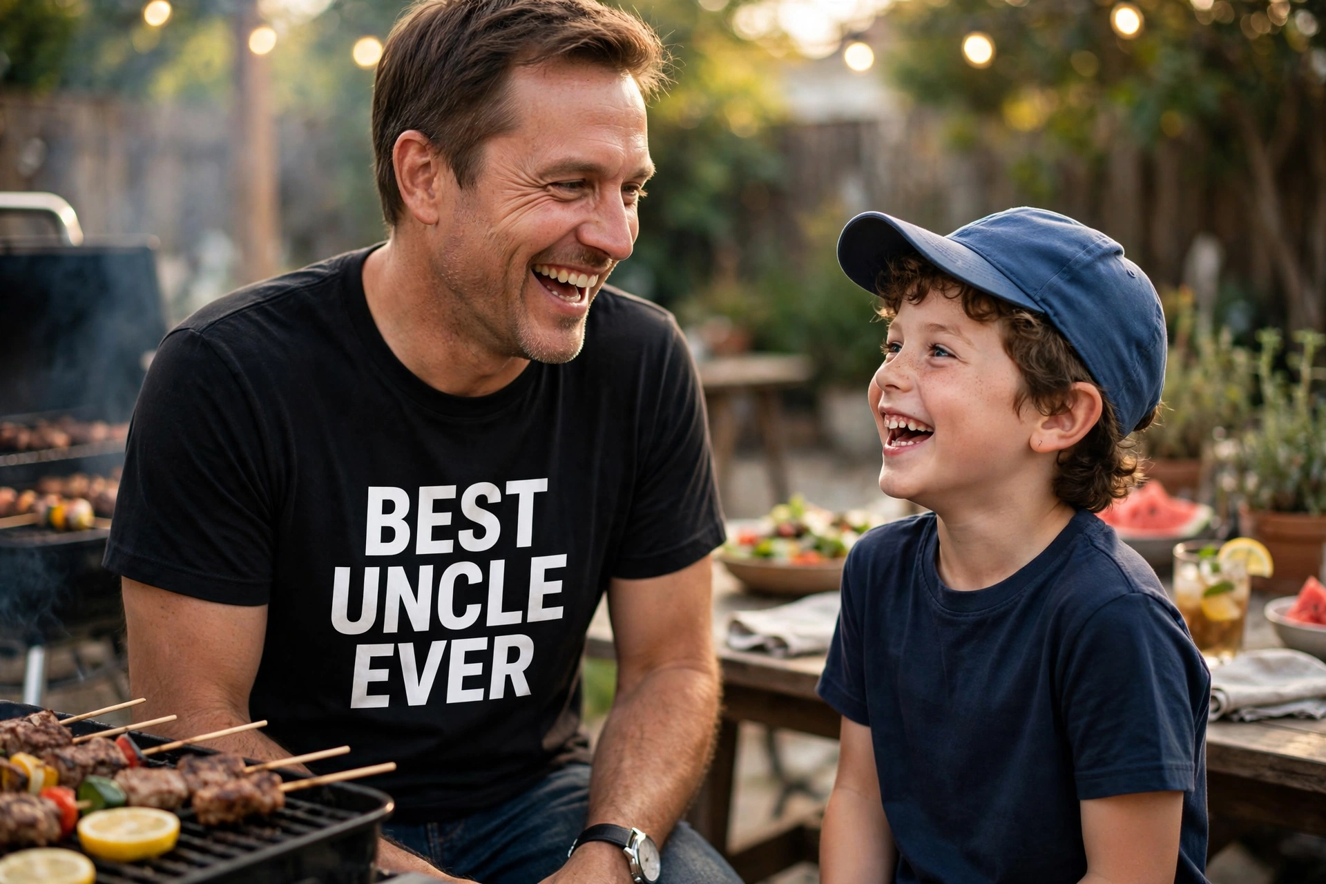 Man wearing a funny black 'Best Uncle Ever' t-shirt with his young nephew at a family barbecue