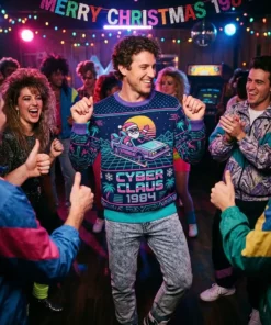 vaporwave cyberpunk 80s santa sleigh sci fi christmas sweater