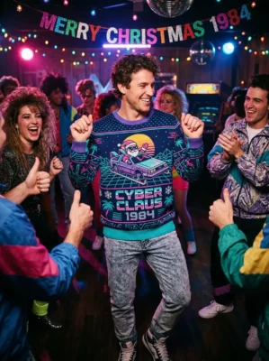 vaporwave cyberpunk 80s santa sleigh sci fi christmas sweater