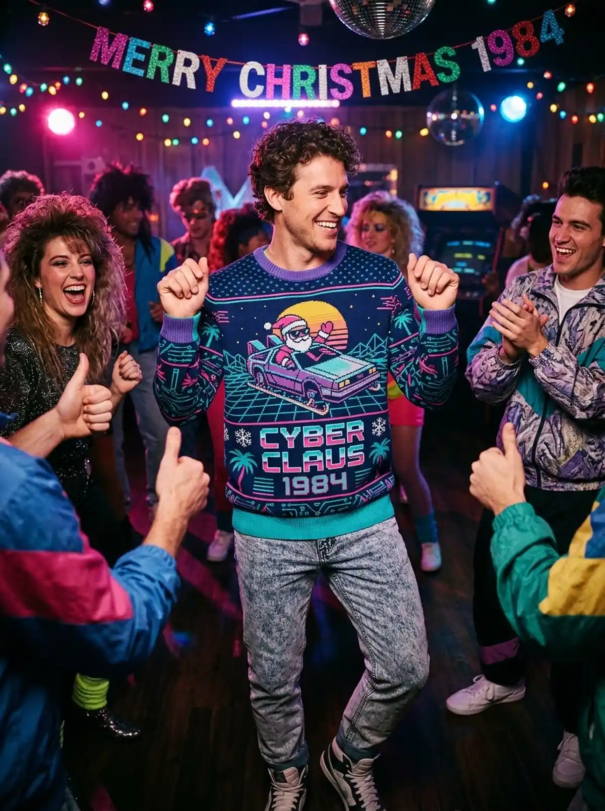 Vaporwave Cyberpunk 80s Santa Sleigh Sci Fi Christmas Sweater - Design Preview