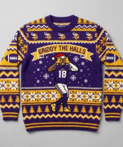 Vikings Justin Jefferson Griddy Holiday Ugly Christmas Sweater - Front View Main Mockup