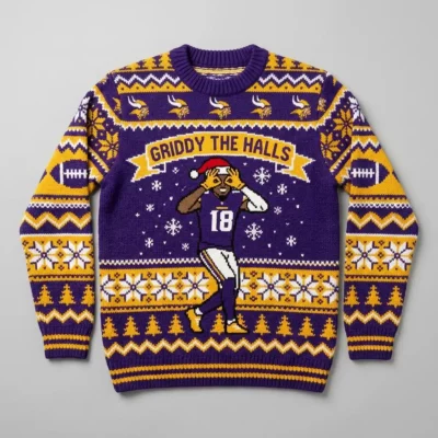 Vikings Justin Jefferson Griddy Holiday Ugly Christmas Sweater - Front View Main Mockup