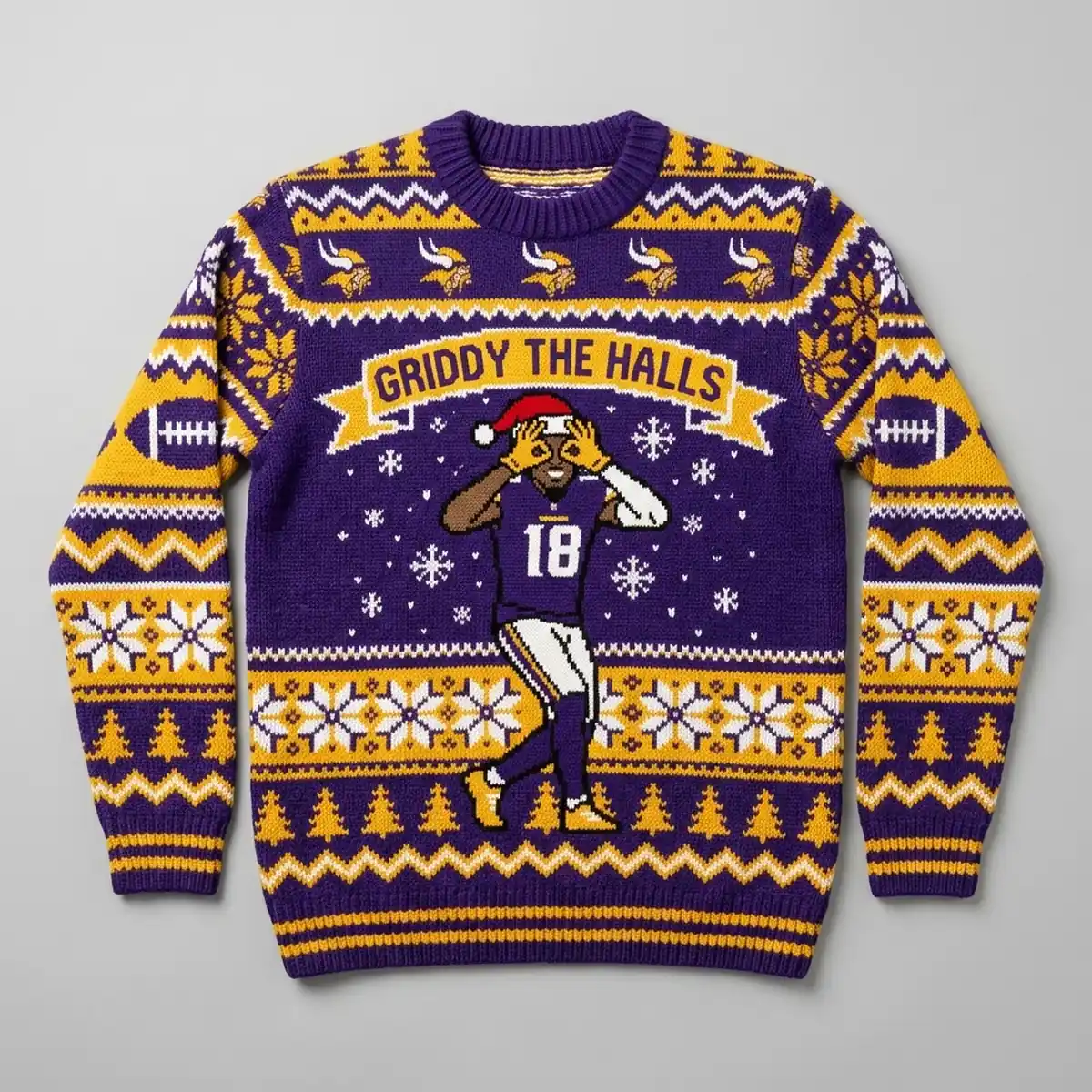 vikings justin jefferson griddy holiday ugly christmas sweater 1 Vikings Justin Jefferson Griddy Holiday Ugly Christmas Sweater - Front View Main Mockup