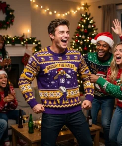 Vikings Justin Jefferson Griddy Holiday Ugly Christmas Sweater - Close-up Graphic Detail Mockup
