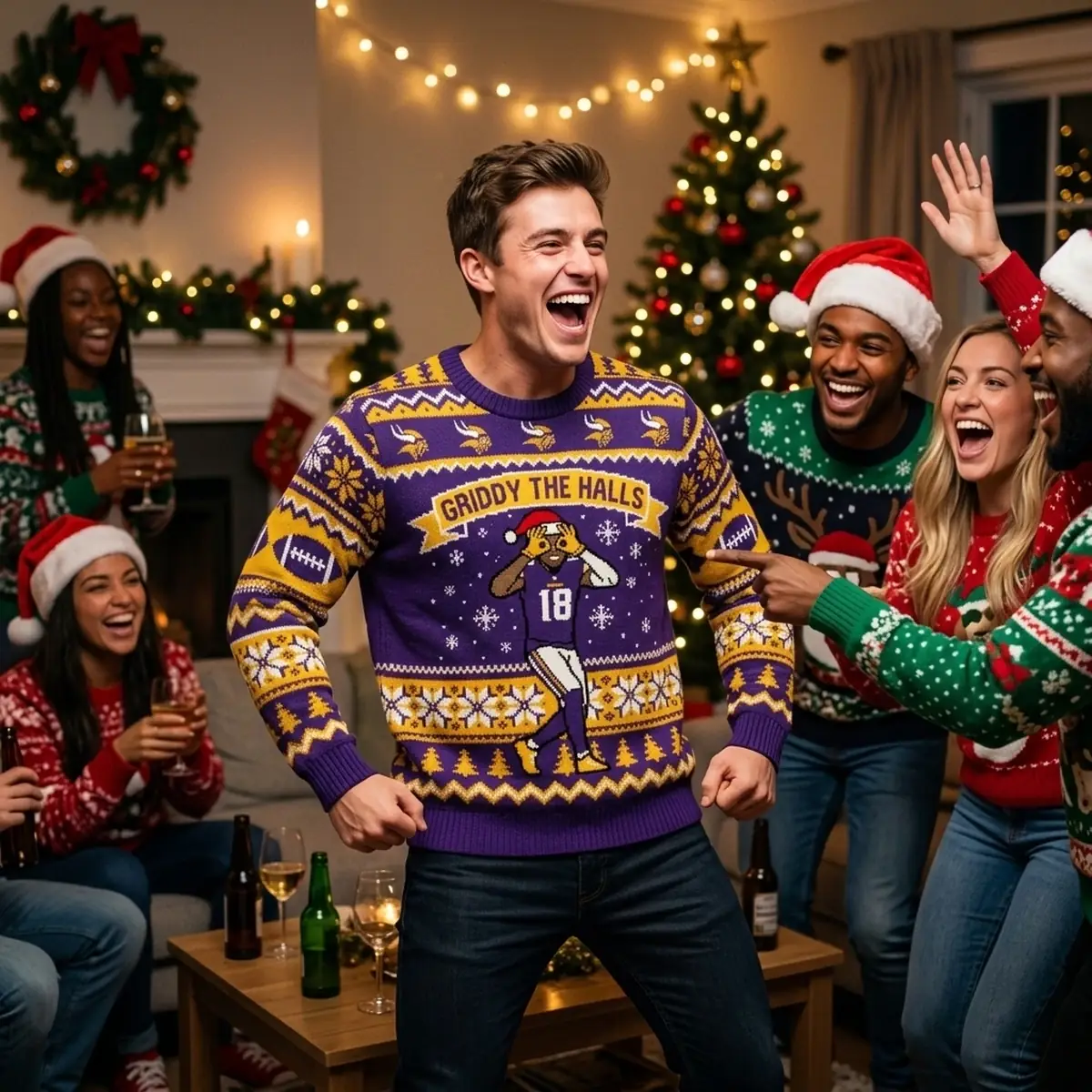 vikings justin jefferson griddy holiday ugly christmas sweater 3 Vikings Justin Jefferson Griddy Holiday Ugly Christmas Sweater - Close-up Graphic Detail Mockup