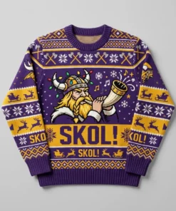 Vikings Skol Horns Winter Sleigh Ugly Christmas Sweater - Front View Main Mockup