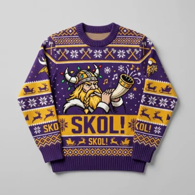 Vikings Skol Horns Winter Sleigh Ugly Christmas Sweater - Front View Main Mockup