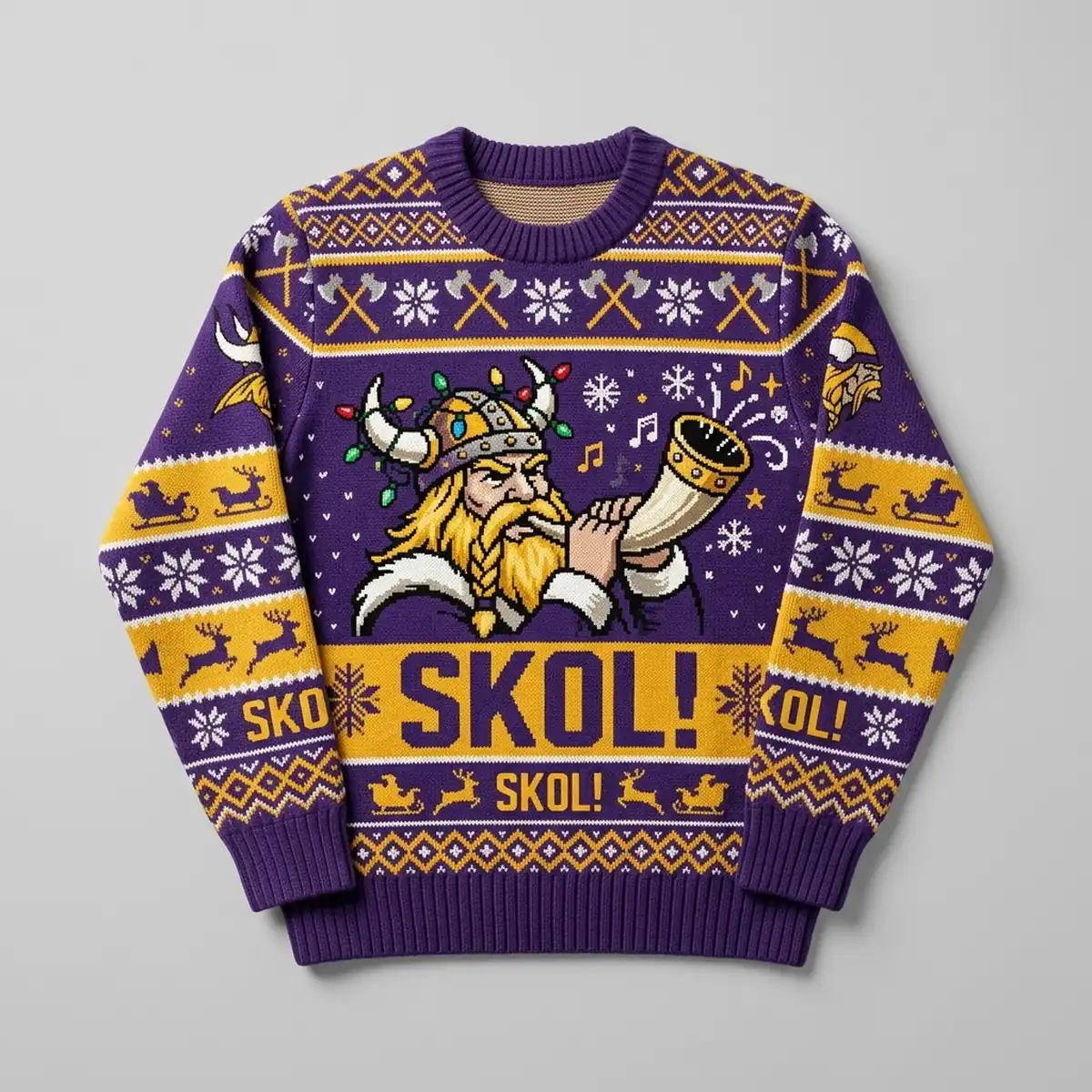 vikings skol horns winter sleigh ugly christmas sweater 1 Vikings Skol Horns Winter Sleigh Ugly Christmas Sweater - Front View Main Mockup