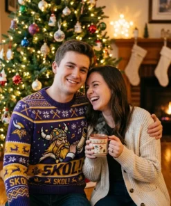 Vikings Skol Horns Winter Sleigh Ugly Christmas Sweater - Lifestyle Model Mockup