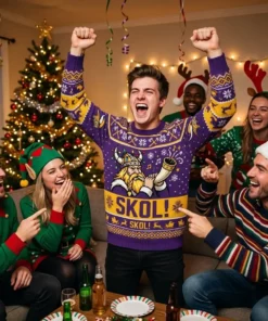 Vikings Skol Horns Winter Sleigh Ugly Christmas Sweater - Close-up Graphic Detail Mockup