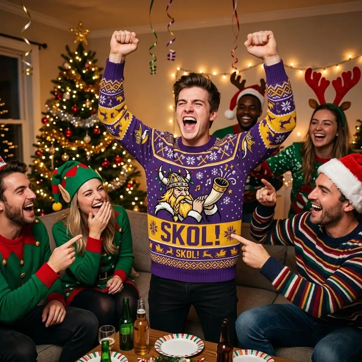 vikings skol horns winter sleigh ugly christmas sweater 3 Vikings Skol Horns Winter Sleigh Ugly Christmas Sweater - Close-up Graphic Detail Mockup