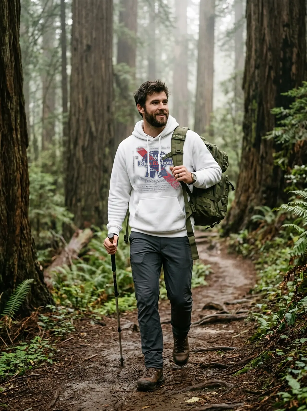 vintage blue ribbon pabst white hoodie forest Vintage Blue Ribbon Pabst T-Shirt - Close-up Graphic Detail Mockup