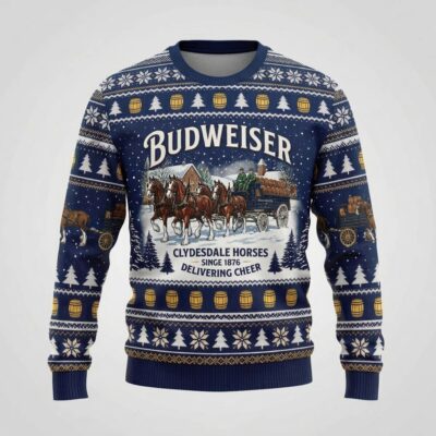 vintage budweiser beer clydesdale team ugly christmas jumper festive holiday crewneck 1