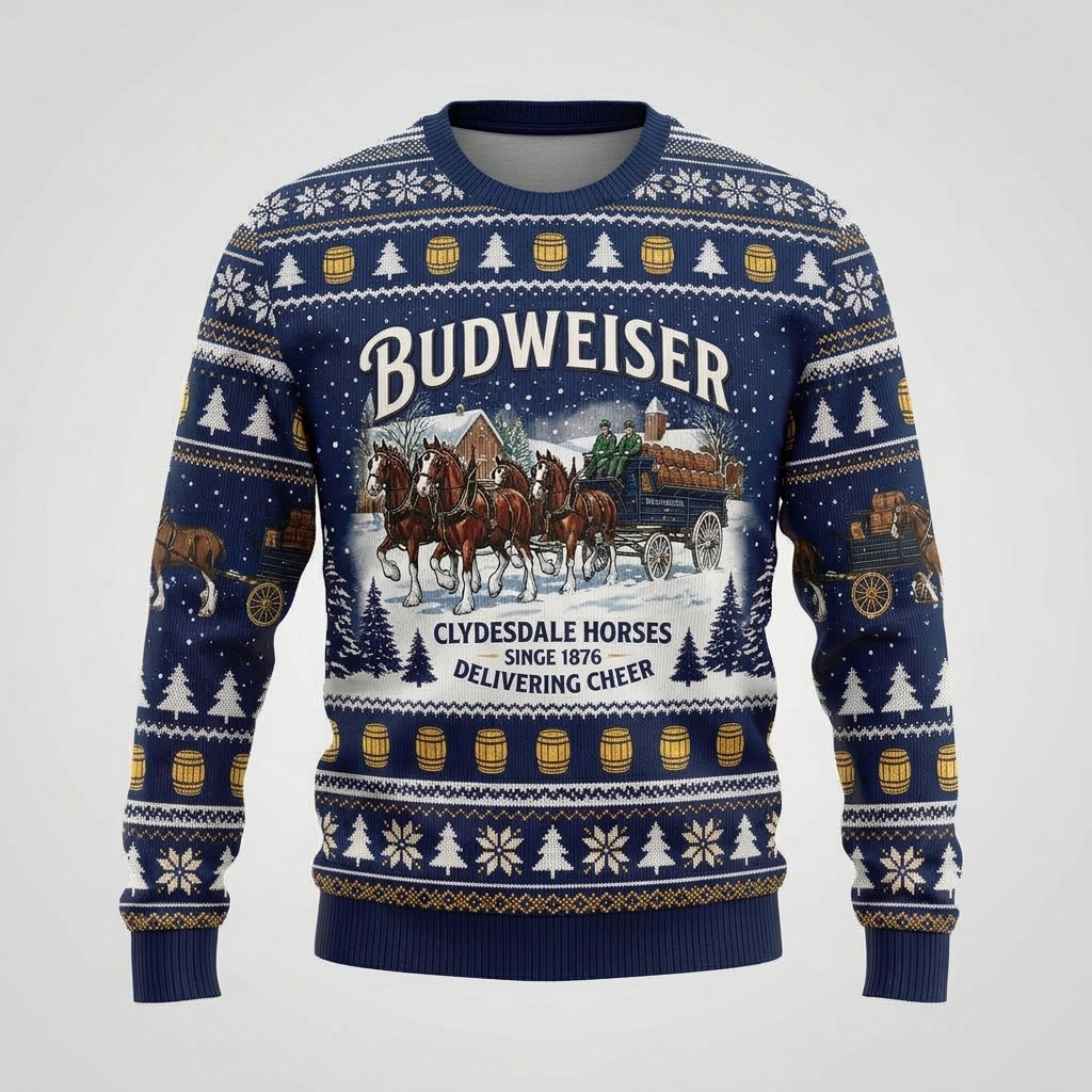 vintage budweiser beer clydesdale team ugly christmas jumper festive holiday crewneck 1 vintage budweiser beer clydesdale team ugly christmas jumper festive holiday crewneck 1