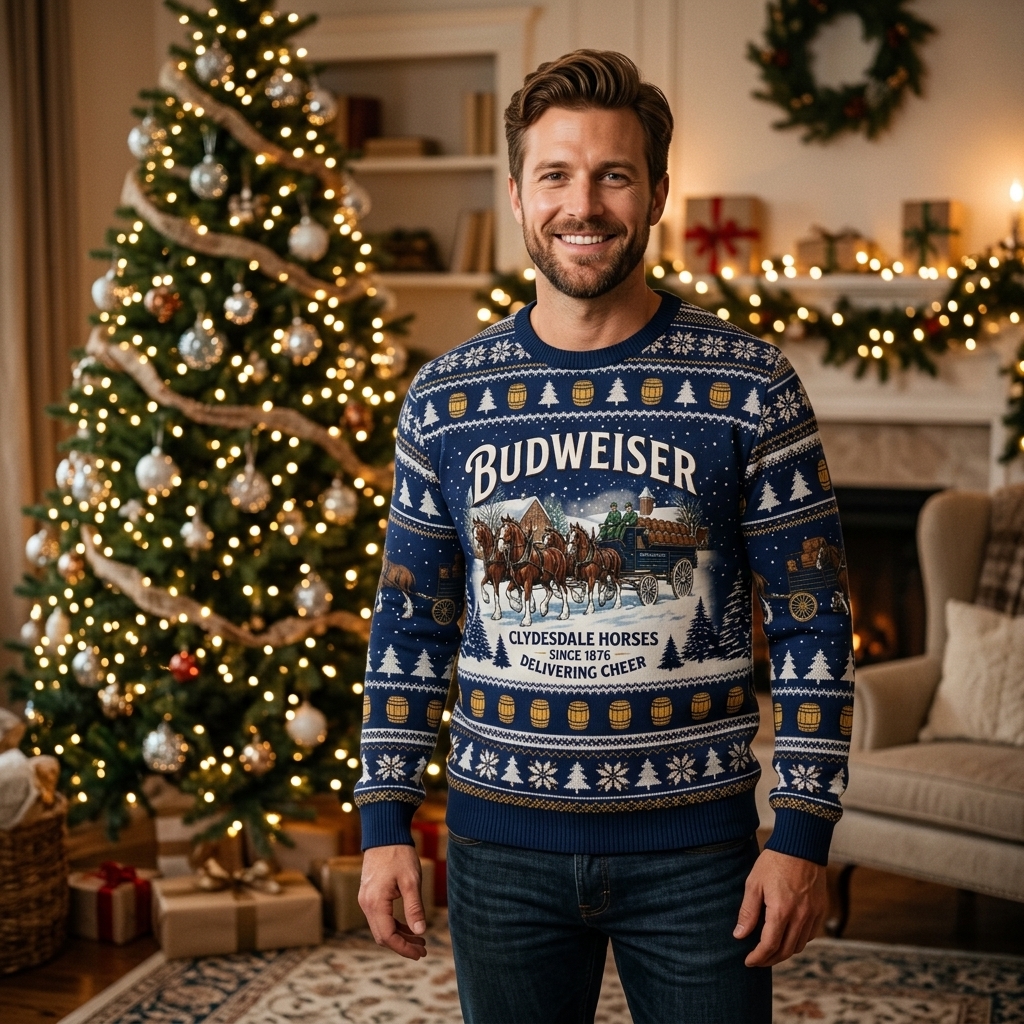 Vintage Budweiser Beer Clydesdale Team Ugly Christmas Jumper Festive Holiday Crewneck - Design Preview