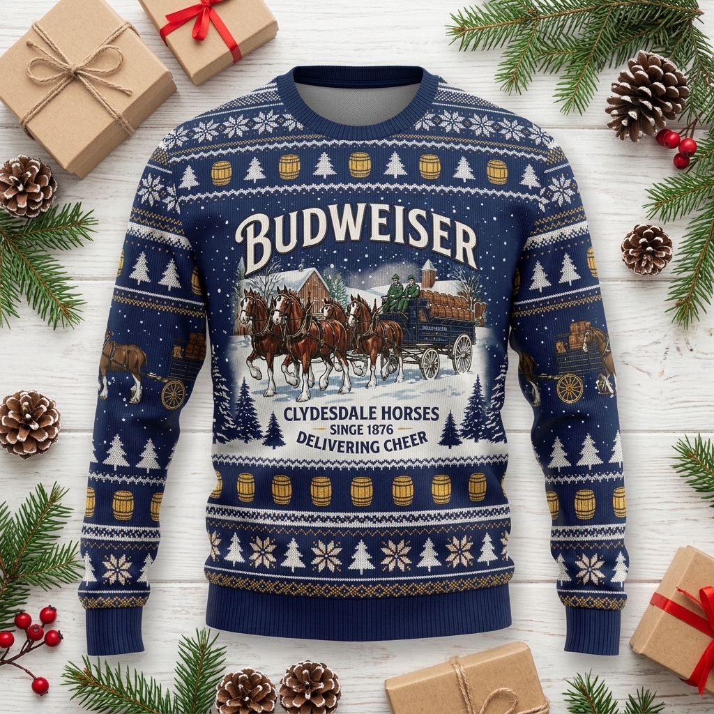 vintage budweiser beer clydesdale team ugly christmas jumper festive holiday crewneck 3 vintage budweiser beer clydesdale team ugly christmas jumper festive holiday crewneck 3