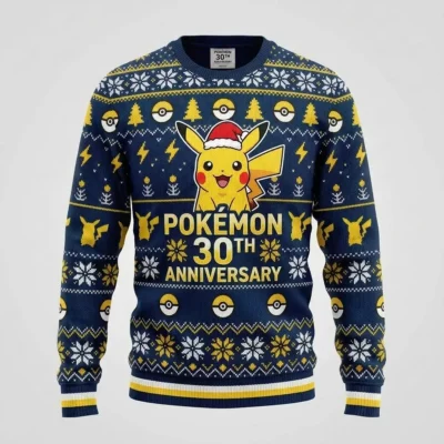 vintage pikachu pokeball 30 years ugly christmas jumper festive gaming crewneck 1