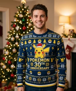 vintage pikachu pokeball 30 years ugly christmas jumper festive gaming crewneck 2