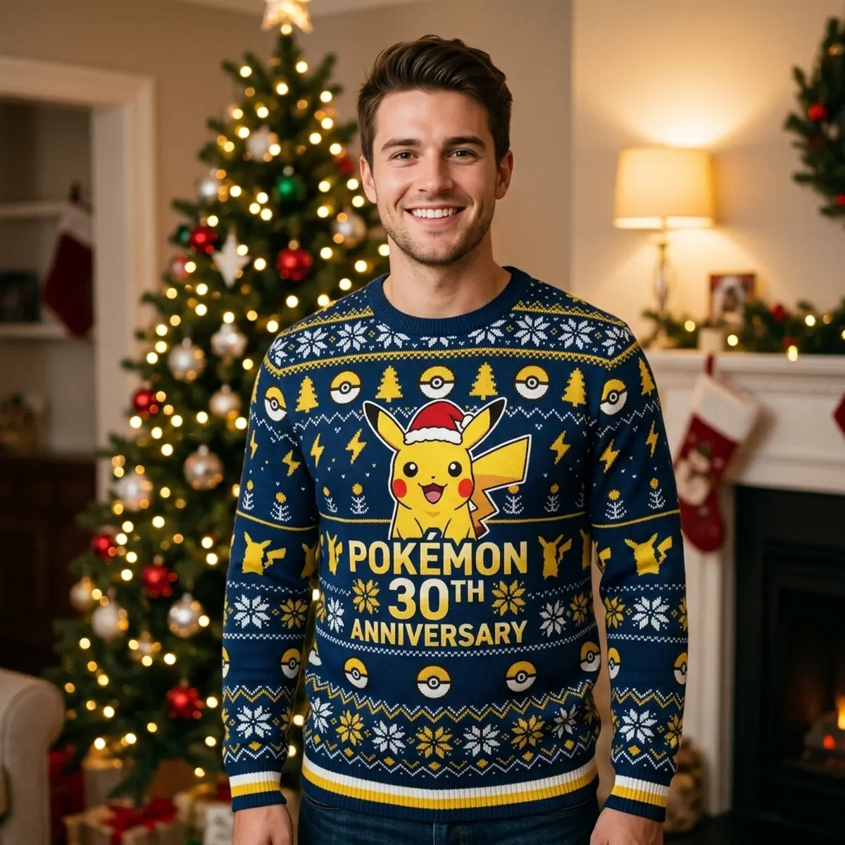 Vintage Pikachu Pokeball 30 Years Ugly Christmas Jumper Festive Gaming Crewneck - Design Preview