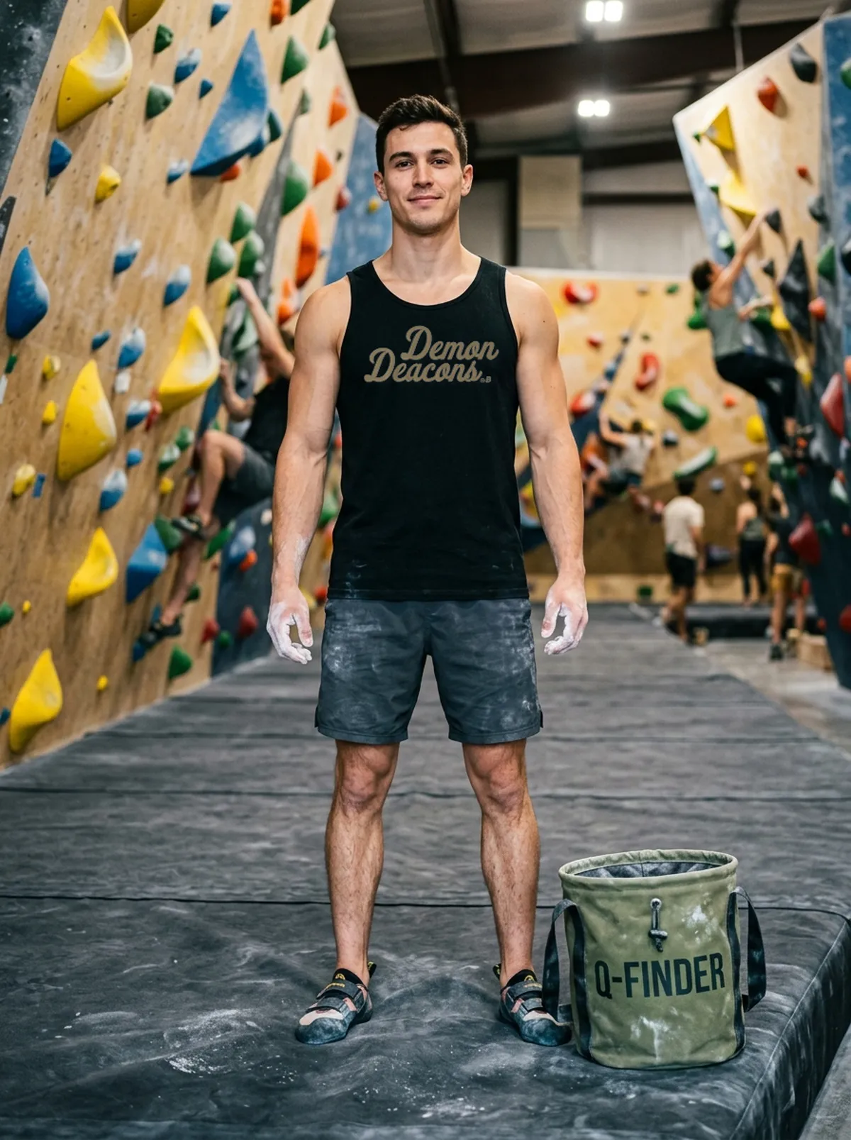 wake forest demon deacons script black tanktop bouldering gym Wake Forest Demon Deacons Script Shirt - Close-up Graphic Detail Mockup