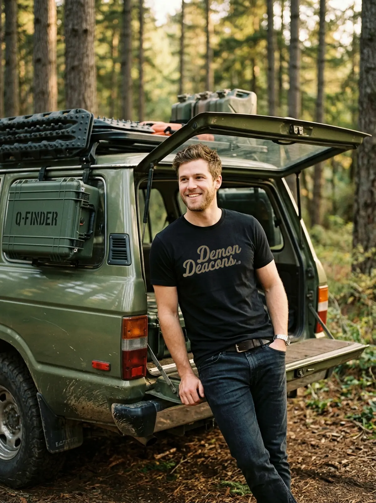 wake forest demon deacons script black tshirt jeep tailgate Wake Forest Demon Deacons Script Shirt - Front View Main Mockup