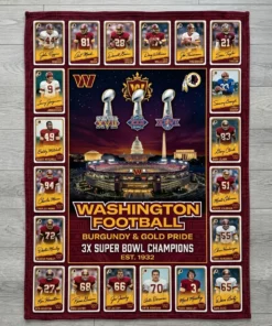 Washington Commanders Burgundy And Gold 3x Super Bowl Champions Legends Facsimile Signatures Fleece Throw Blanket - Close-up Graphic Detail Mockup