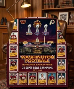 Washington Commanders Burgundy And Gold 3x Super Bowl Champions Legends Facsimile Signatures Fleece Throw Blanket - Front View Main Mockup