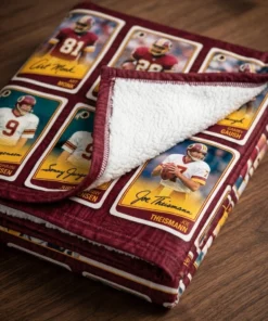 Washington Commanders Burgundy And Gold 3x Super Bowl Champions Legends Facsimile Signatures Fleece Throw Blanket - Lifestyle Model Mockup