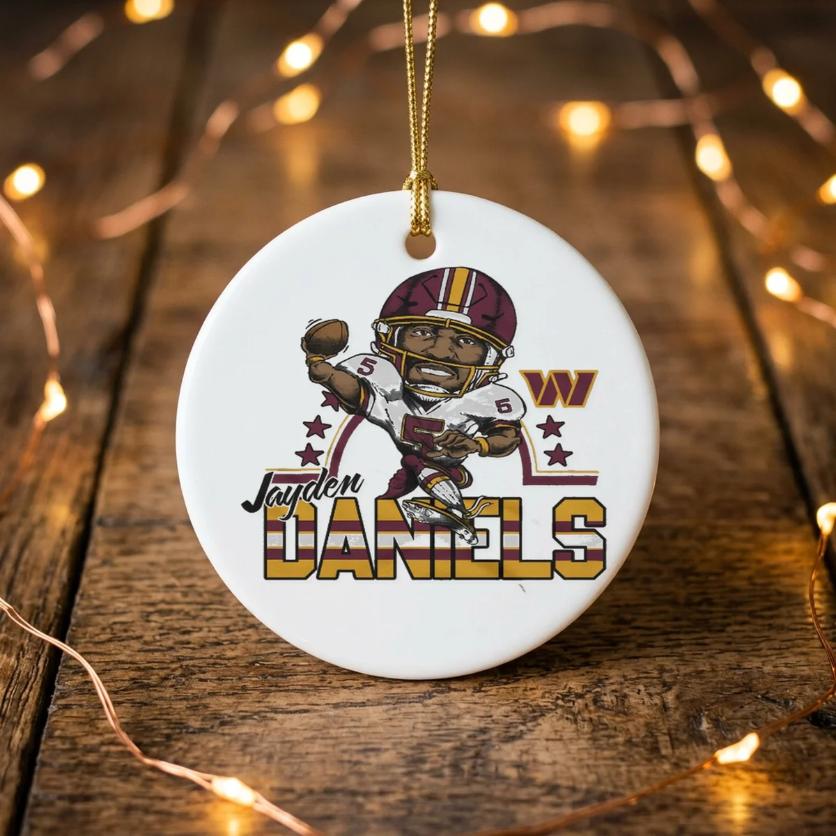 washington commanders jayden daniels throw ornament Washington Commanders Jayden Daniels Throw T-Shirt - Front View Main Mockup