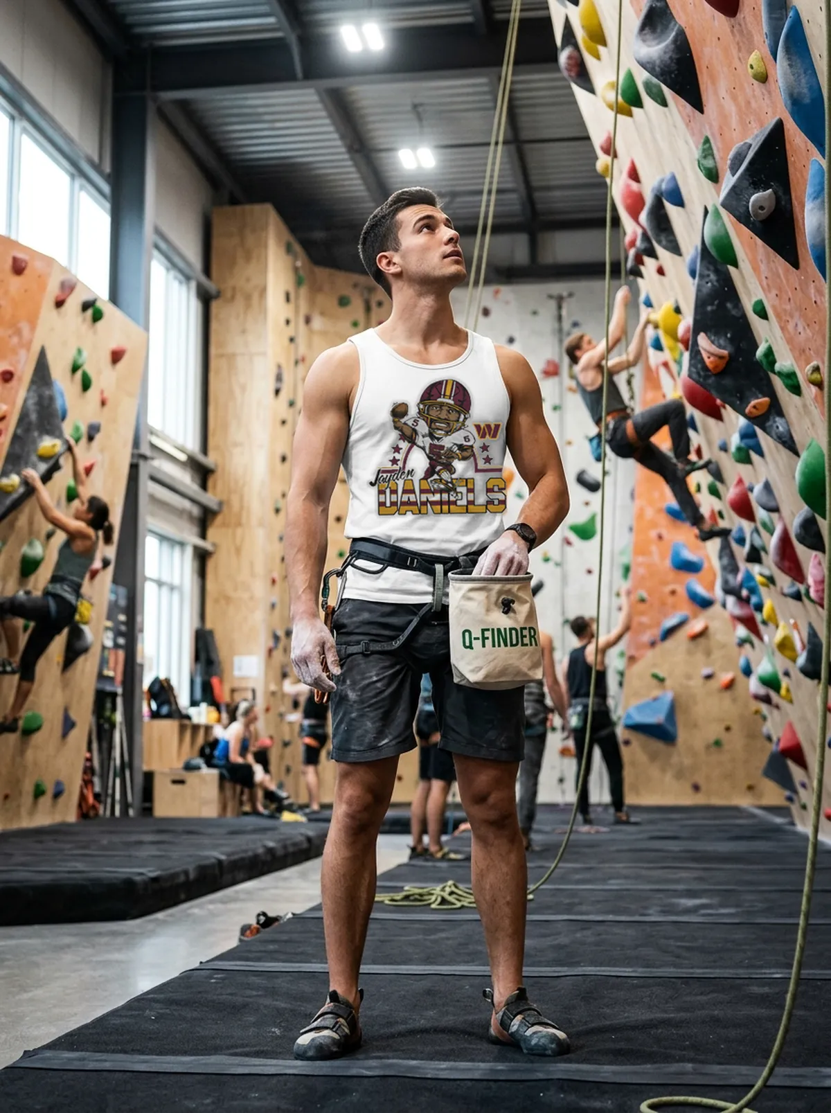 washington commanders jayden daniels throw white tanktop bouldering Washington Commanders Jayden Daniels Throw T-Shirt - Close-up Graphic Detail Mockup