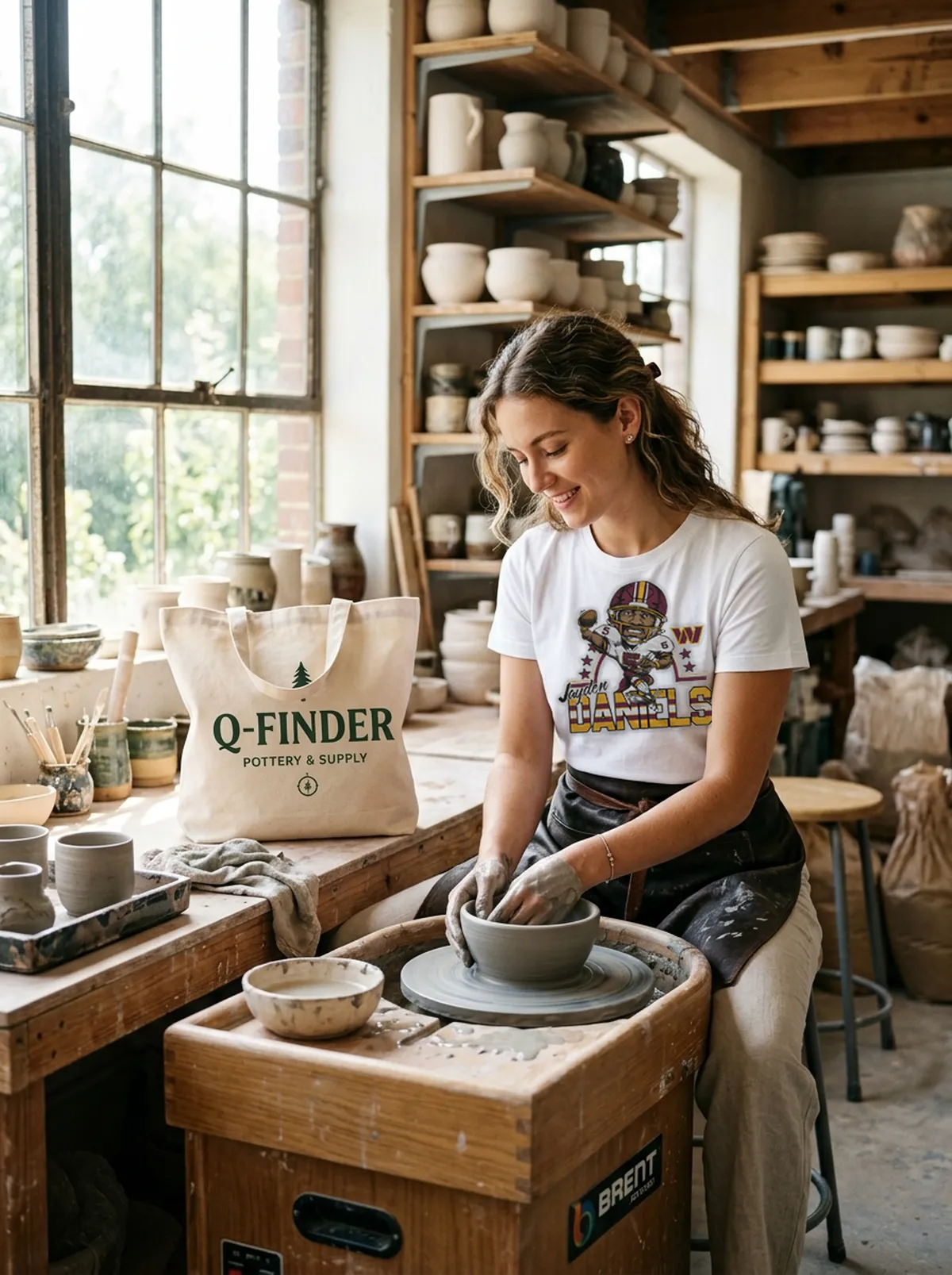 washington commanders jayden daniels throw white tshirt pottery studio Washington Commanders Jayden Daniels Throw T-Shirt - Back or Alternative Angle Mockup