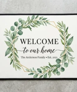 watercolor botanical eucalyptus leaves welcome to our home personalized doormat