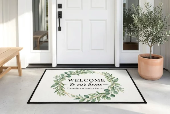 watercolor botanical eucalyptus leaves welcome to our home personalized doormat mockup 2